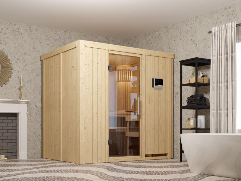 Fanja - Karibu Sauna Plug & Play 3,6 kW Ofen, ext. Steuerung - ohne Dachkranz - Klarglas Ganzglastür