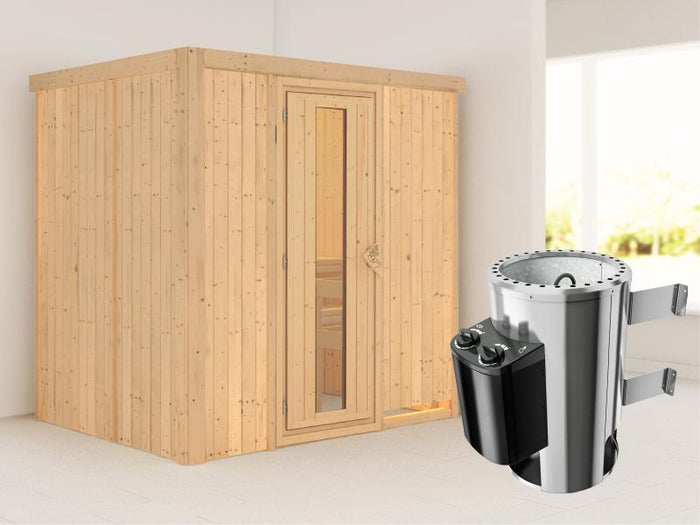 Fanja - Karibu Sauna Plug & Play 3,6 kW Ofen, int. Steuerung - ohne Dachkranz - Energiespartür