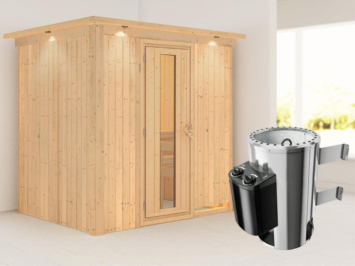 Fanja - Karibu Sauna Plug & Play 3,6 kW Ofen, int. Steuerung - mit Dachkranz - Energiespartür