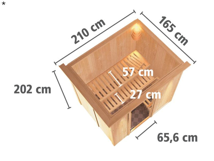 Fanja - Karibu Sauna Plug & Play inkl. 3,6 kW-Bioofen - mit Dachkranz -