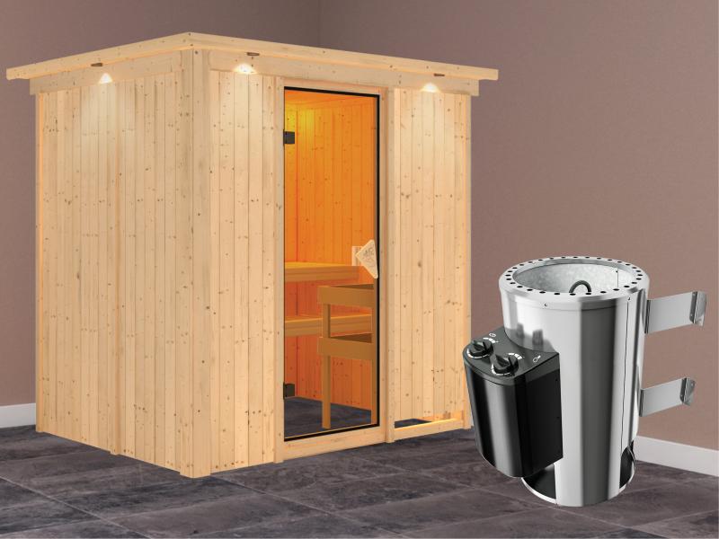 Fanja - Karibu Sauna Plug & Play inkl. 3,6 kW-Ofen - mit Dachkranz -