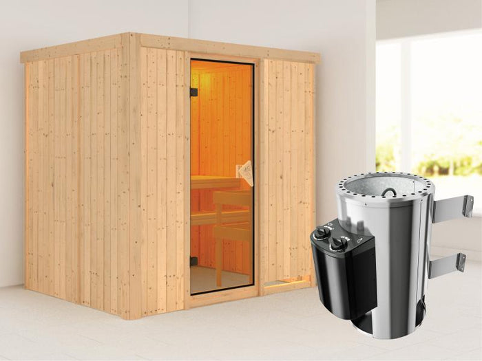 Fanja - Karibu Sauna Plug & Play inkl. 3,6 kW-Ofen - ohne Dachkranz -