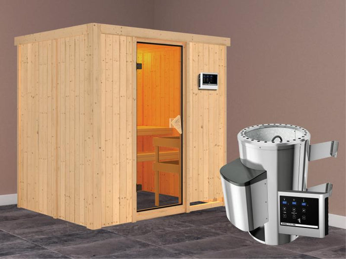 Fanja - Karibu Sauna Plug & Play inkl. 3,6 kW-Ofen - ohne Dachkranz -