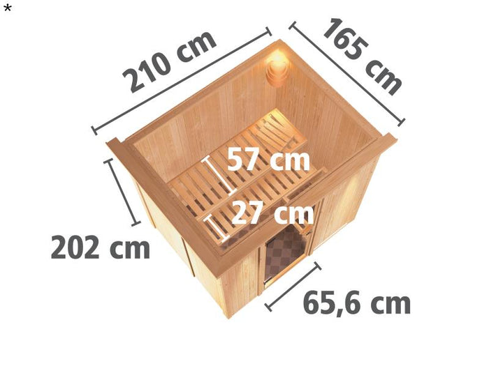 Fanja - Karibu Sauna Plug & Play ohne Ofen - mit Dachkranz - Moderne Saunatür