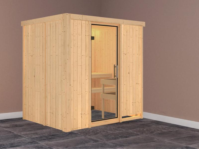 Fanja - Karibu Sauna Plug & Play ohne Ofen - ohne Dachkranz - Klarglas Ganzglastür