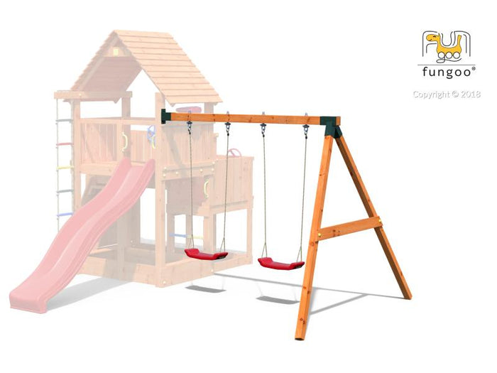 FUNGOO MODULE MOVE RED (Anbauschaukelgestell mit 2 x Schaukelsitz rot) / NADELHOLZ teak impr.