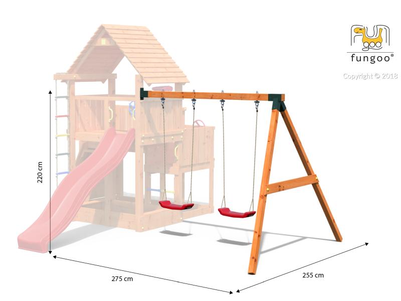 FUNGOO MODULE MOVE RED (Anbauschaukelgestell mit 2 x Schaukelsitz rot) / NADELHOLZ teak impr.