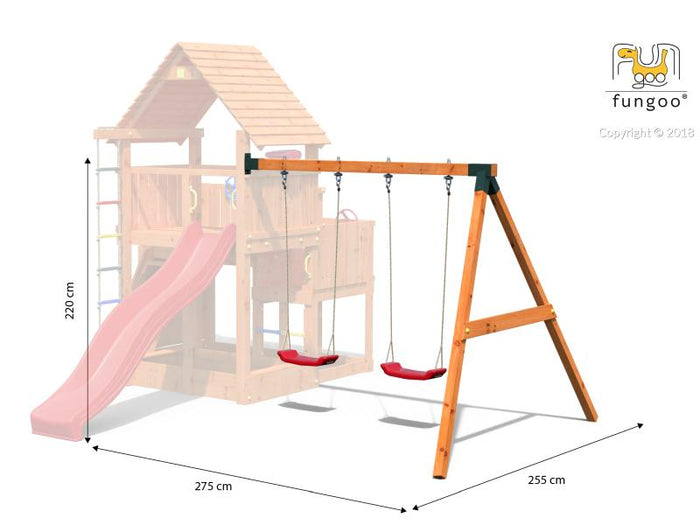 FUNGOO MODULE MOVE RED (Anbauschaukelgestell mit 2 x Schaukelsitz rot) / NADELHOLZ teak impr.