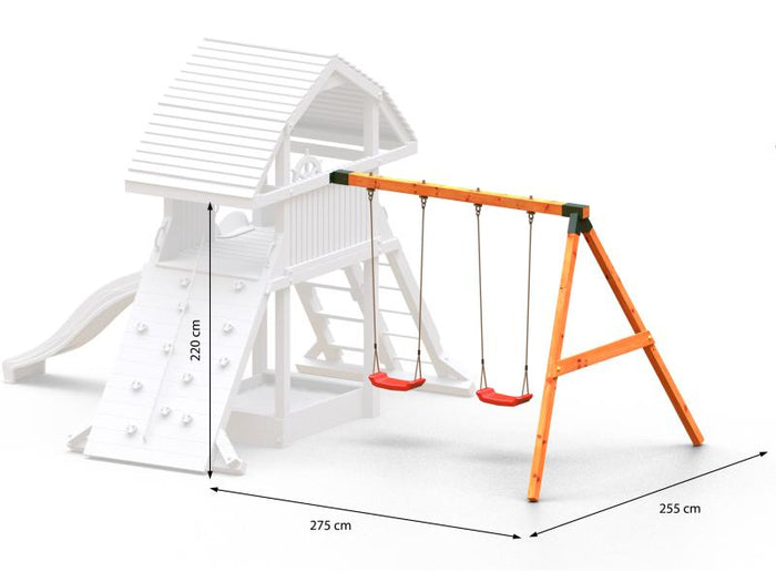 FUNGOO MODULE MOVE RED (Anbauschaukelgestell mit 2 x Schaukelsitz rot) / NADELHOLZ teak impr.
