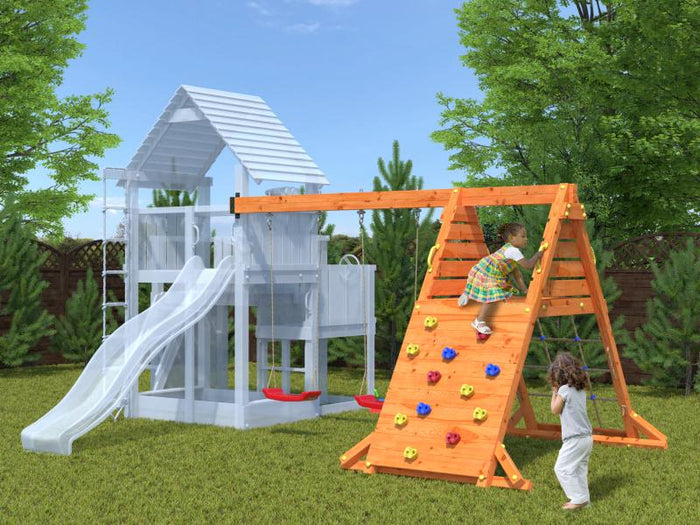 FUNGOO MODULE SPIDER DOUBLE RED / NADELHOLZ teak impr. (Kletterwand/Rampe mit 2 x Schaukelsitz rot)