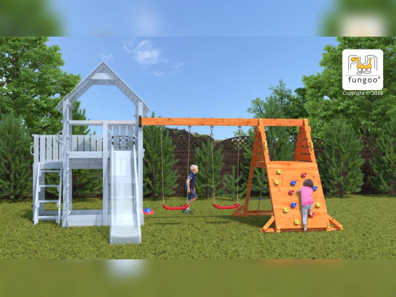 FUNGOO MODULE SPIDER DOUBLE RED / NADELHOLZ teak impr. (Kletterwand/Rampe mit 2 x Schaukelsitz rot)