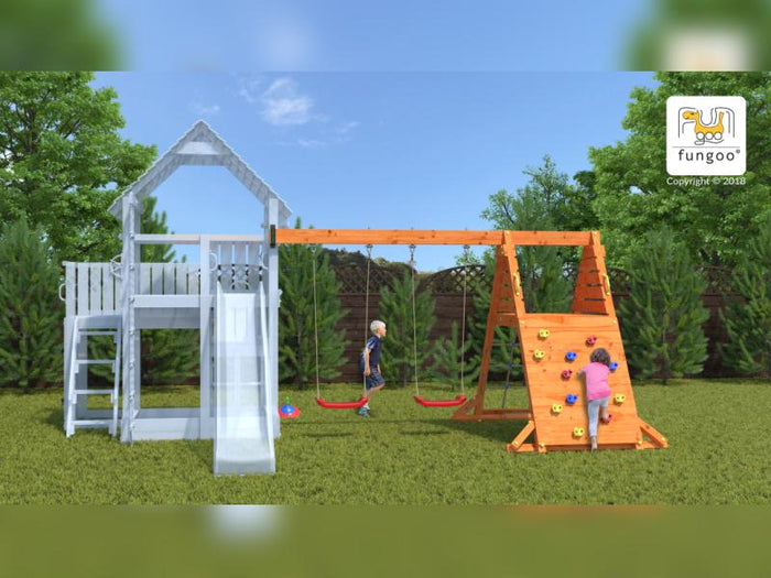 FUNGOO MODULE SPIDER DOUBLE RED / NADELHOLZ teak impr. (Kletterwand/Rampe mit 2 x Schaukelsitz rot)