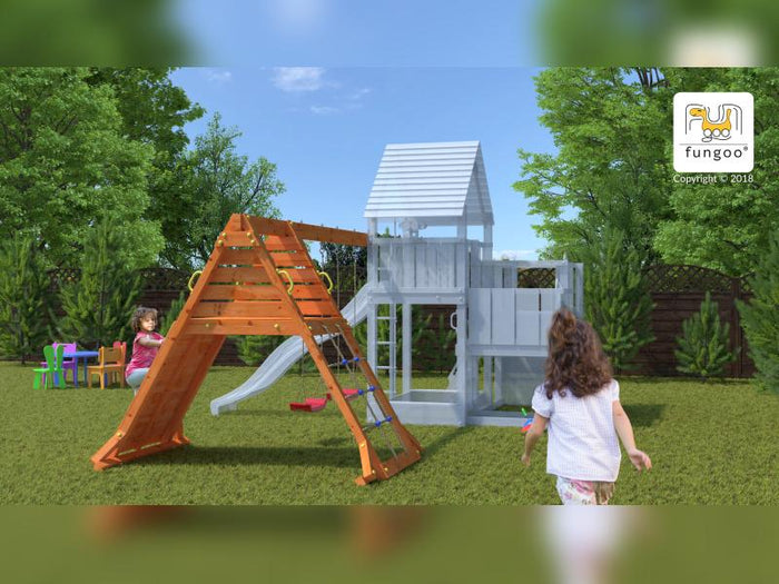 FUNGOO MODULE SPIDER DOUBLE RED / NADELHOLZ teak impr. (Kletterwand/Rampe mit 2 x Schaukelsitz rot)