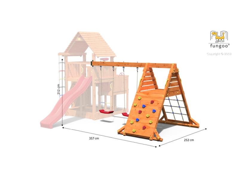 FUNGOO MODULE SPIDER DOUBLE RED / NADELHOLZ teak impr. (Kletterwand/Rampe mit 2 x Schaukelsitz rot)