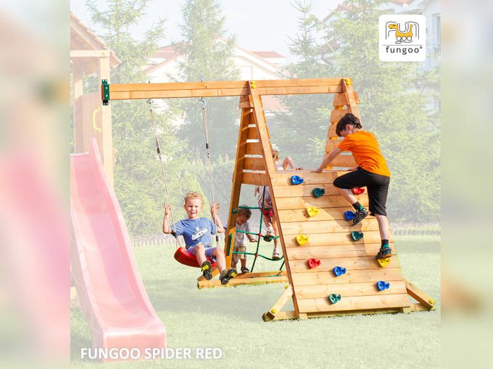 FUNGOO MODULE SPIDER RED / NADELHOLZ teak impr. (Kletterwand/Rampe mit 1 x Schaukelsitz rot)