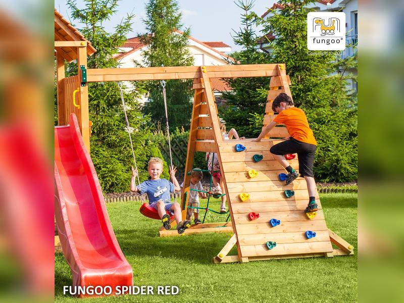 FUNGOO MODULE SPIDER RED / NADELHOLZ teak impr. (Kletterwand/Rampe mit 1 x Schaukelsitz rot)