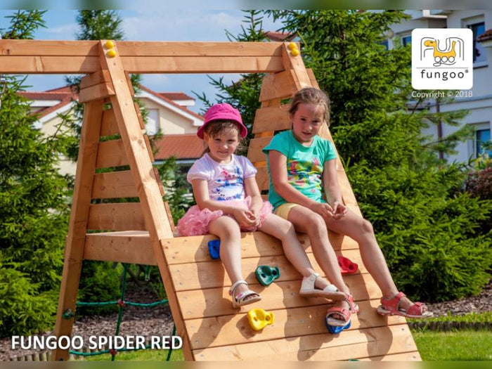 FUNGOO MODULE SPIDER RED / NADELHOLZ teak impr. (Kletterwand/Rampe mit 1 x Schaukelsitz rot)