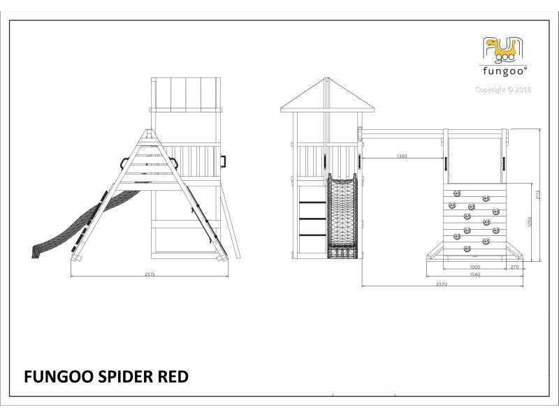 FUNGOO MODULE SPIDER RED / NADELHOLZ teak impr. (Kletterwand/Rampe mit 1 x Schaukelsitz rot)