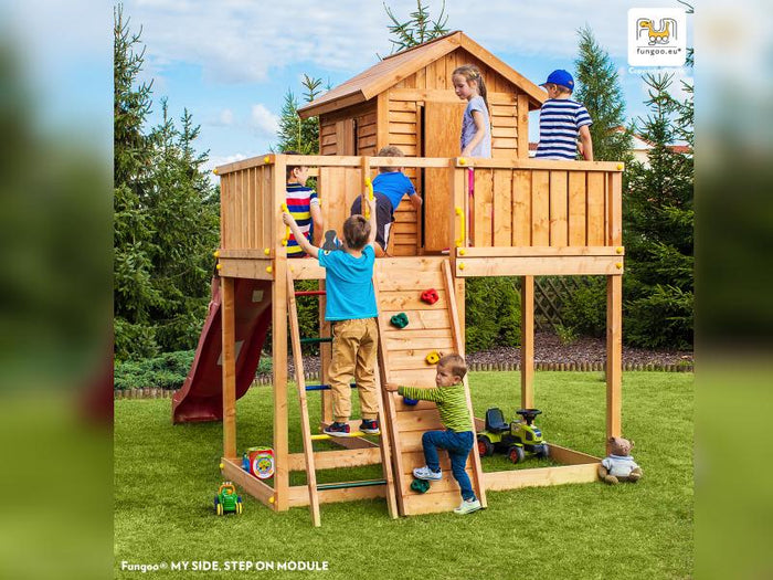 FUNGOO MODULE STEP ON (schmale Kletterwand mit 6 farbigen Klettersteinen) / NADELHOLZ teak impr.