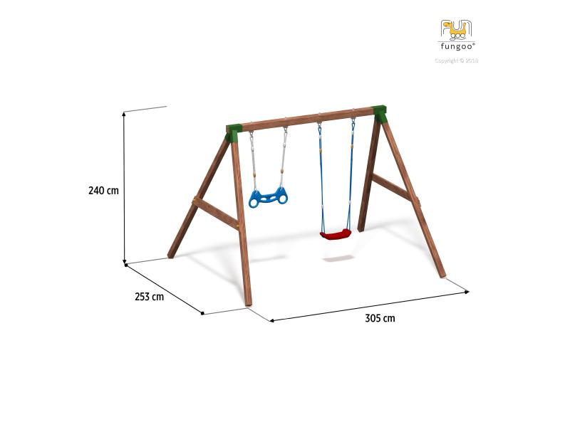 FUNGOO SWING FLY 2.0 (Schaukelgestell mit roter Schaukelsitz und grüner Schaukelsitz) / NADELHOLZ te