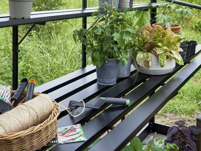 Halls Gewächshaus Integrierter Tisch - Cotswold - schwarz - 7 Sektionen