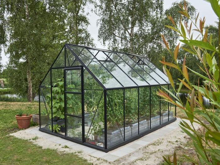 Halls Gewächshaus Universal 128 Schwarz Sicherheitsglas  9,9m² - SPARSET inkl. Fundament Schwarz
