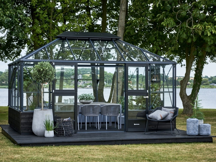 Juliana Gewächshaus Grand Oase 13 qm, Anthrazit pulverbeschichtet, 3mm Sicherheitsglas - für Mauer