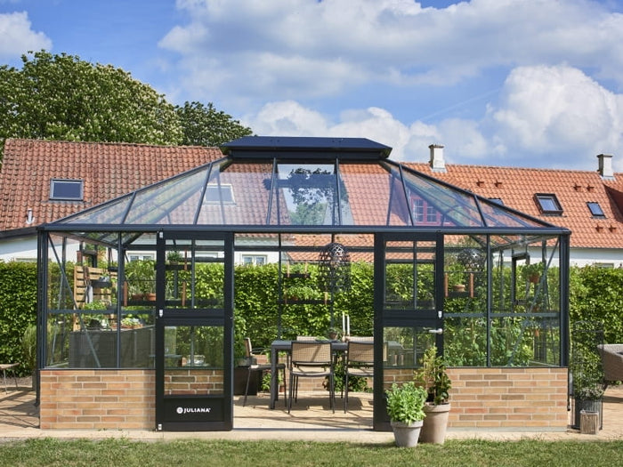 Juliana Gewächshaus Grand Oase 18,8 qm, Anthrazit pulverbeschichtet, 3mm Sicherheitsglas- für Mauer