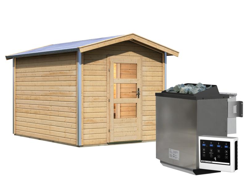 Karibu 38 mm Saunahaus Bosse 1 mit Vorraum - 9 kW Bio Ofen, ext. Steuerung - Moderne Saunatür