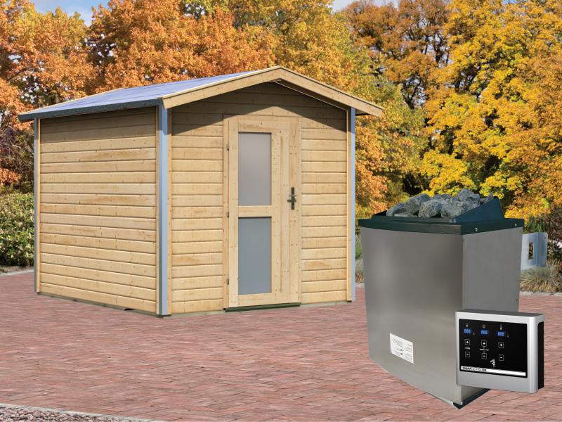 Karibu 38 mm Saunahaus Bosse 1 mit Vorraum - 9 kW Ofen, ext. Steuerung - Milchglastür
