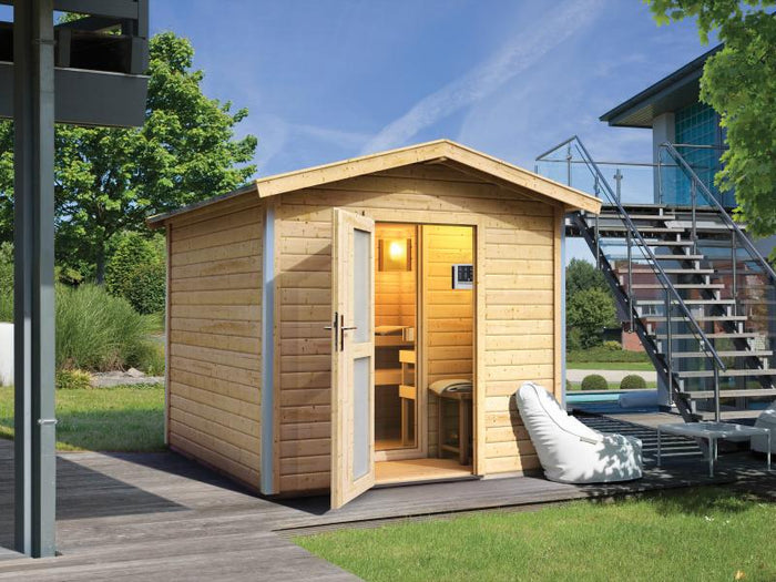 Karibu 38 mm Saunahaus Bosse 1 mit Vorraum - 9 kW Ofen, ext. Steuerung - Milchglastür