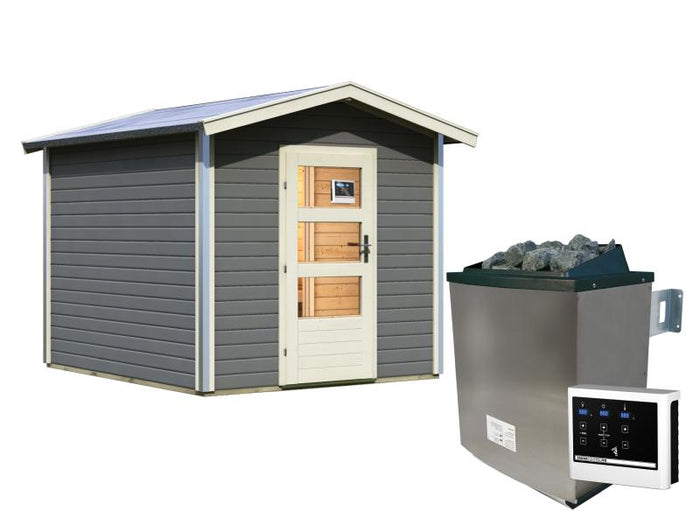 Karibu 38 mm Saunahaus Bosse 1 terragrau mit Vorraum - 9 kW Ofen, ext. Steuerung - Moderne Saunatür