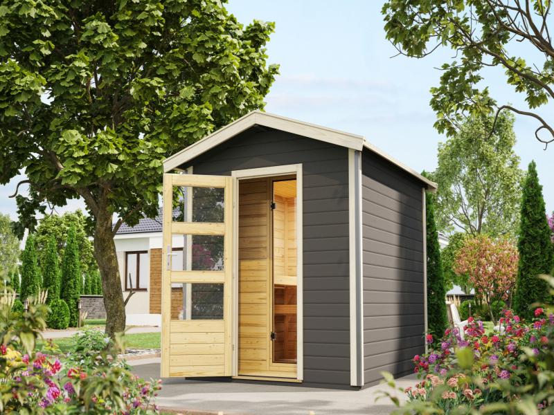 Karibu 38 mm Saunahaus Bosse 1 terragrau mit Vorraum - 9 kW Ofen, ext. Steuerung - Moderne Saunatür
