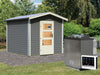 Karibu 38 mm Saunahaus Bosse 1 terragrau mit Vorraum - 9 kW Bio Ofen, ext. Steuerung - Moderne Sauna