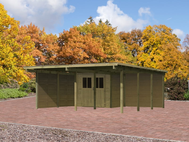 Karibu Doppelcarport ECO mit integriertem Abstellraum 1 und Wände