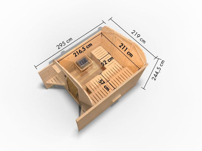 Karibu Fasshaus 2 asymmetrisch, inkl. 9 kW Ofen ext. Steuerung