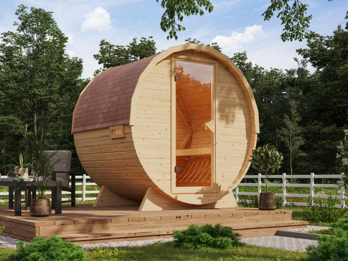 Karibu Fasssauna 1 ohne Ofen - 38 mm- im Set mit Dachschindeln in dunkelrot