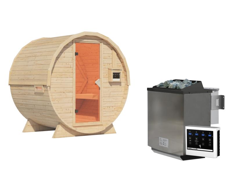 Karibu Fasssauna 1, 38 mm- inkl. 9 kW Bioofen externe Steuerung