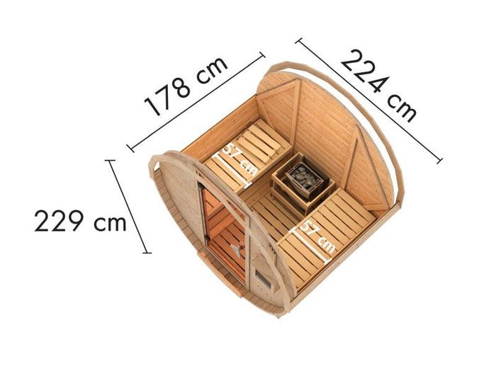 Karibu Fasssauna 1, 38 mm- inkl. 9 kW Bioofen externe Steuerung