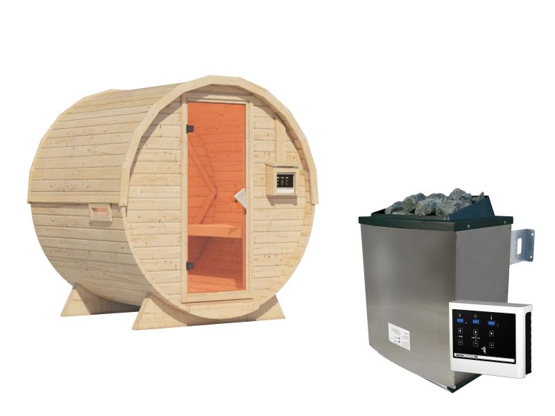 Karibu Fasssauna 1, 38 mm- inkl. 9 kW Ofen externe Steuerung