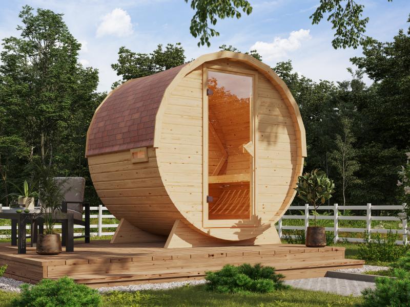 Karibu Fasssauna 1, 38 mm- inkl. 9 kW Ofen externe Steuerung
