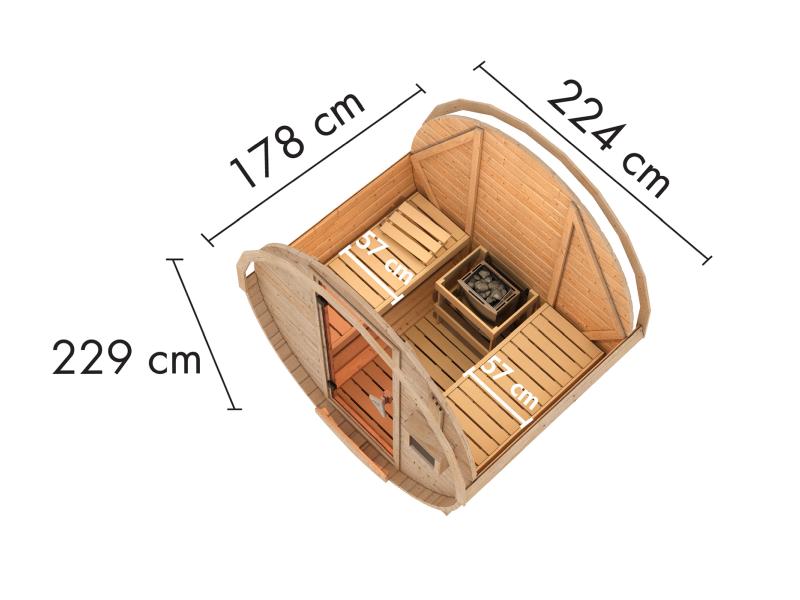 Karibu Fasssauna 1, 38 mm- inkl. 9 kW Ofen externe Steuerung