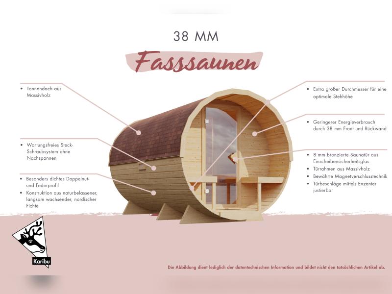 Karibu Fasssauna 1, 38 mm- inkl. 9 kW Ofen externe Steuerung
