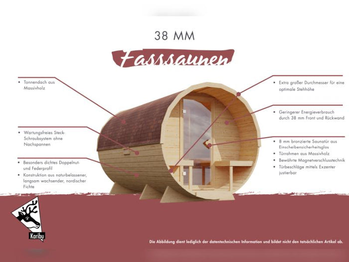 Karibu Fasssauna 1, 38 mm- inkl. 9 kW Ofen integr. Steuerung