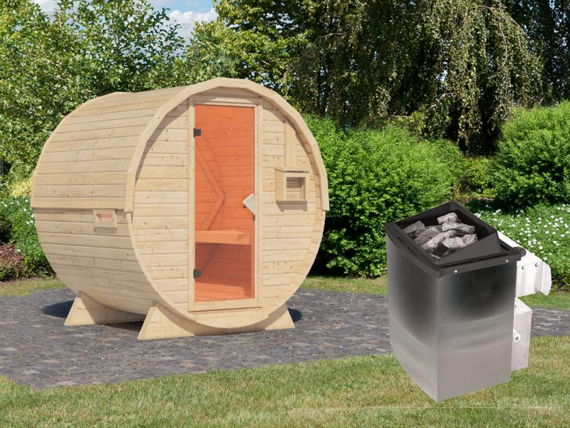 Karibu Fasssauna 1, 38 mm- inkl. 9 kW Ofen integr. Steuerung