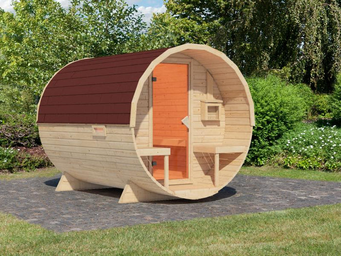 Karibu Fasssauna 2 ohne Ofen - 38 mm- im Set mit Dachschindeln