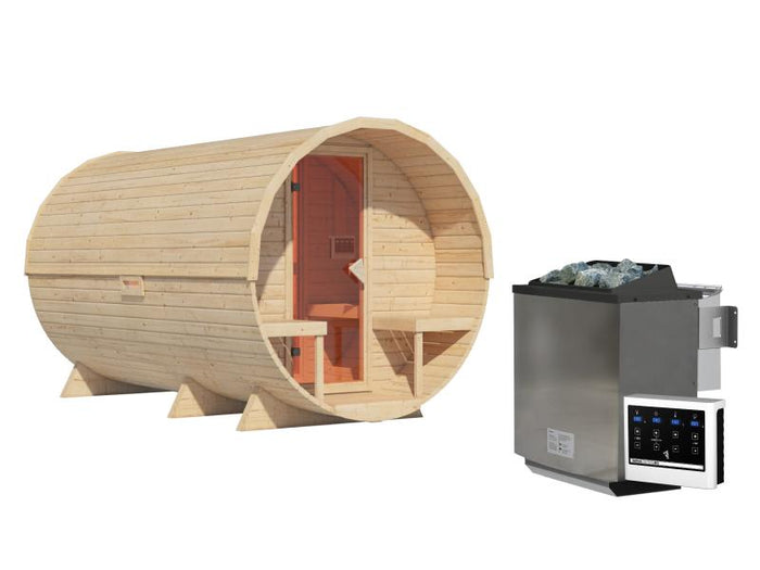 Karibu Fasssauna 3 inkl. 9 kW Bioofen externe Steuerung - 38 mm mit Vorraum