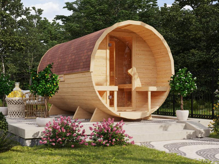 Karibu Fasssauna 3 inkl. 9 kW Ofen externe Steuerung - 38 mm mit Vorraum