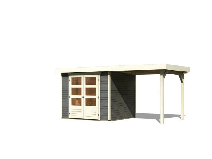 Karibu Gartenhaus Askola 3 in terragrau mit Anbaudach 2,40 Meter