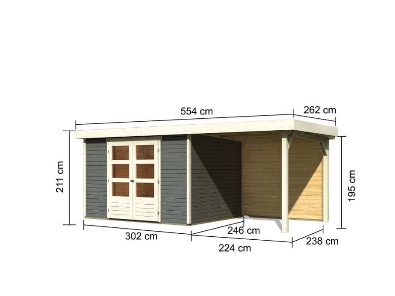 Karibu Gartenhaus Askola 5 mit Anbaudach 2,4 m, Rückwand in terragrau